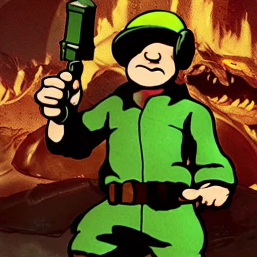 Prompt: Elmer Fudd from Loony Tunes in Doom, wearing green armor and helmet, killing demons, rip and tear, video game