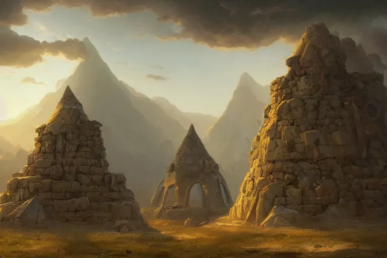 Image similar to surrealist landscape of ancient stone god monuments with tiny tipi villages on their heads. matte digital painting, greg rutkowski, peter mohrbacher, epic composition, god rays, vivid tones.