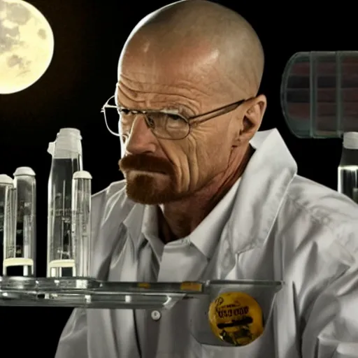 Image similar to Walter White on the moon, with test tubes and beakers filled with various liquids