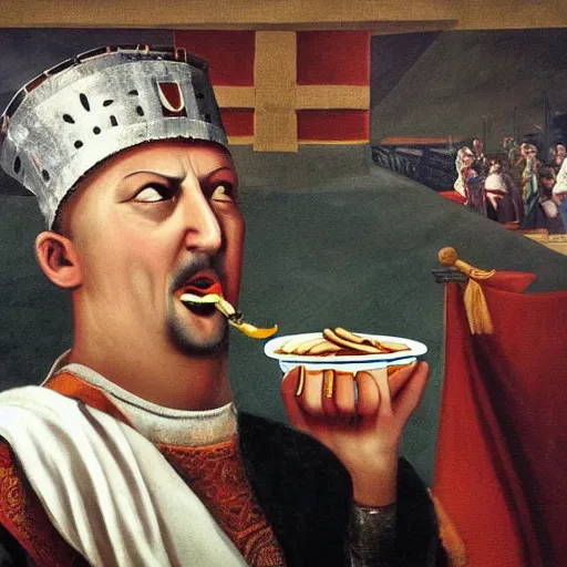 Image similar to roman emperor eating fast food at the olympic games, photo realism