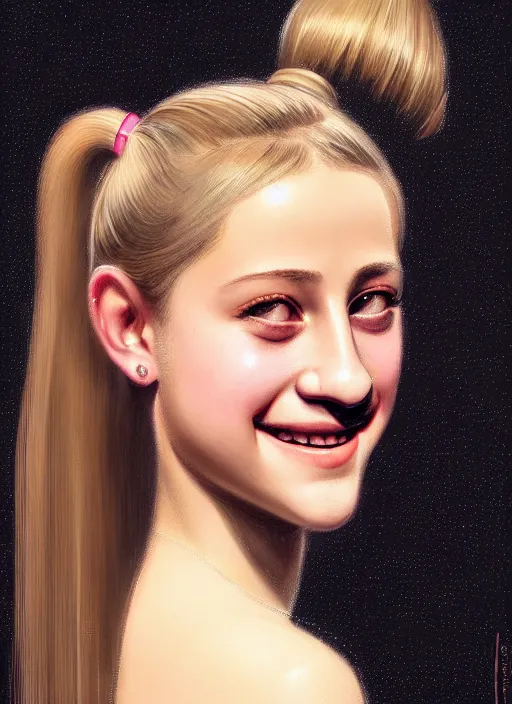 Image similar to portrait of teenage lili reinhart with bangs, smiling kindly, bangs, 1 9 6 0 s, ponytail, bangs and ponytail, intricate, elegant, glowing lights, highly detailed, digital painting, artstation, concept art, smooth, sharp focus, illustration, art by wlop, mars ravelo and greg rutkowski