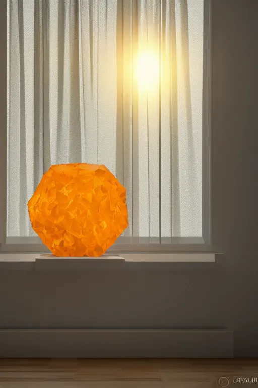 Prompt: a giant cubic orange and yellow crystal on a white table near a window at sunset, hyperrealistic, highly detailed, high qualit, 8K, godrays, warm lighting, path traced, high coherence, calm, macro photo, symmetrical, photorealistic, low contrast, serene landscape, beautiful, geometric, 3D render, octane render, unreal engine 5