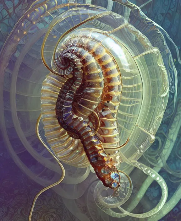 Prompt: intricate ornate opulent transparent clear see - through portrait of a playful beautiful isopod nautilus snake, fractal, adorable, childlike, overgrown biopunk jungle environment, ultra realistic, concept art, art nouveau, photorealistic, octane render, 8 k, unreal engine. art by christopher marley and artgerm and greg rutkowski and alphonse mucha