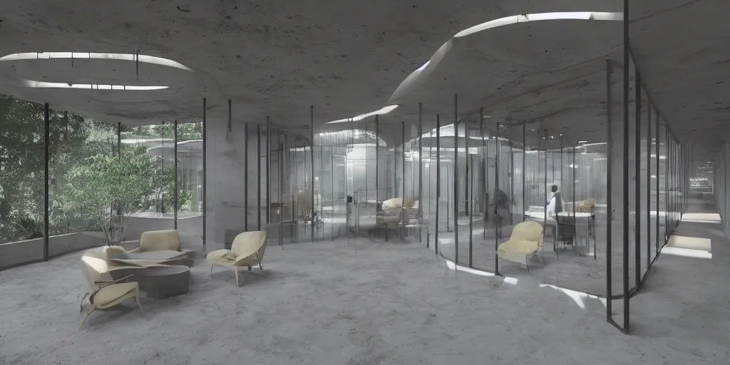 Prompt: concrete interior architecture for dreaming like google office, dynamic lighting, glass windows, dreamy, relaxing environment, hyperrealistic, intricate details, 8 k, lighting on concrete