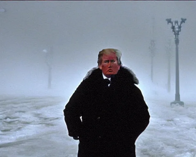 Prompt: still of Donald Trump in The Day After Tomorrow (2004), extreme fog, blizzard