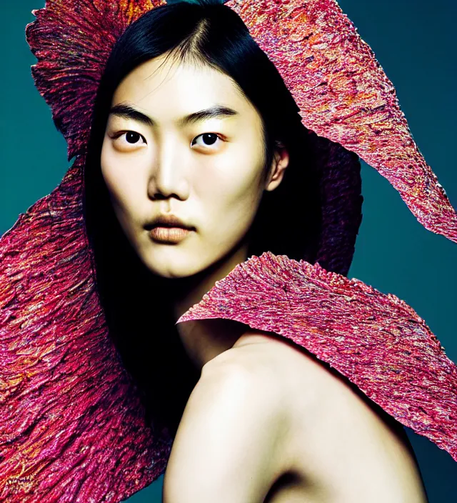 Image similar to photography facial portrait of liu wen, natural background, natural pose, wearing stunning cape by iris van herpen, with a colorfull makeup. highly detailed, skin grain detail, photography by paolo roversi, nick knight, helmut newton, avedon, araki