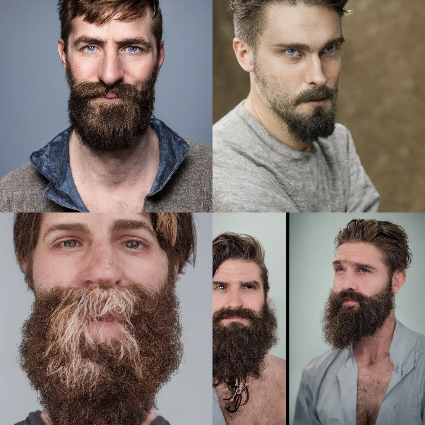 Prompt: a realistic portrait of a 30 year old male with blue eyes, brown medium length hair, bushy eyebrows and short beard. 85mm portrait. photoreal.