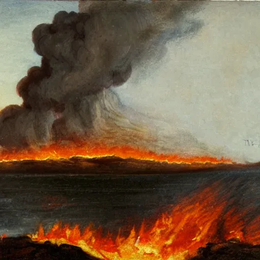 Image similar to an island burning in hellfire, landscape, detailed
