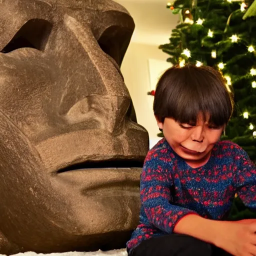 Image similar to a kid at christmas disappointed and crying looking a giant moai statue, his hands buried in his face, sitting down, looking disgusted and annoying | inside of a house next to a christmas tree, large opened present box next to the moai