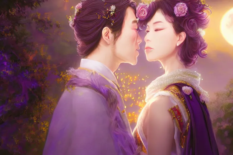 Image similar to a dreamlike cinematic portrait of wedding photograph jpeg close up moment of a divine a japan sun god and moon goddess lovers magician at a wedding banquet. portraiture. digital painting. artstation. concept art. fantasy wedding photo. digital painting, 8 k realistic, hyper detailed, violet evergarden art masterpiece by art by krenz cushart