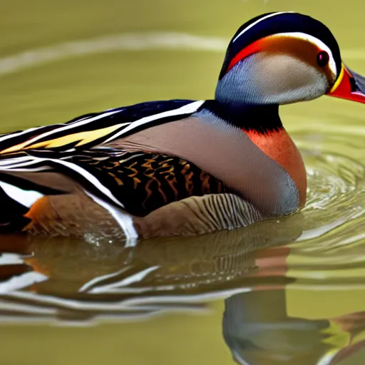 Prompt: a mandarin duck swimming in a small pond, photo, realism