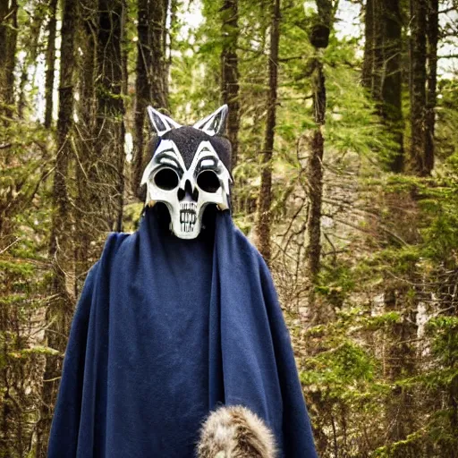 Image similar to professional photograph of tall creature wearing a wolf skull mask and a full body dark blue blanket in the middle of the forest, front view