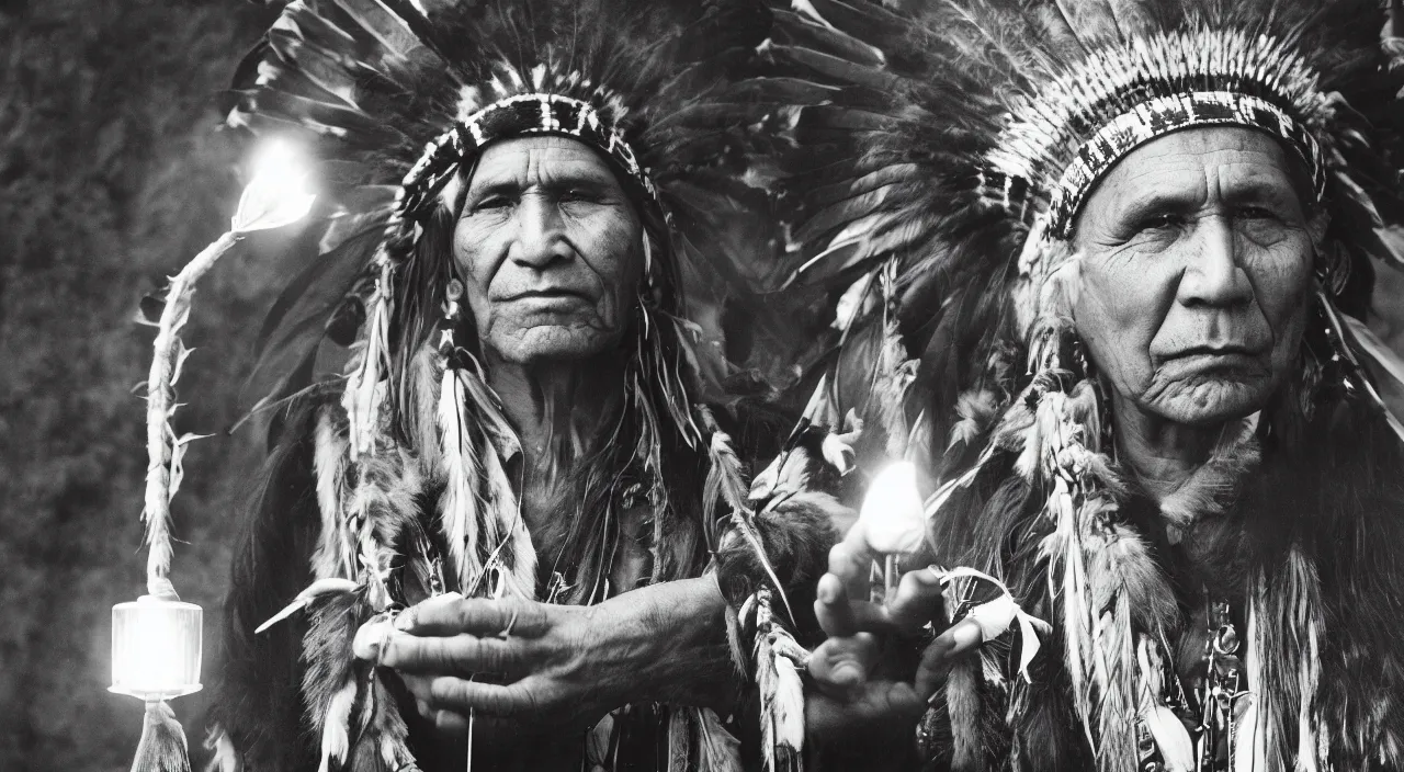 Prompt: a portrait of a native american shaman holding a light