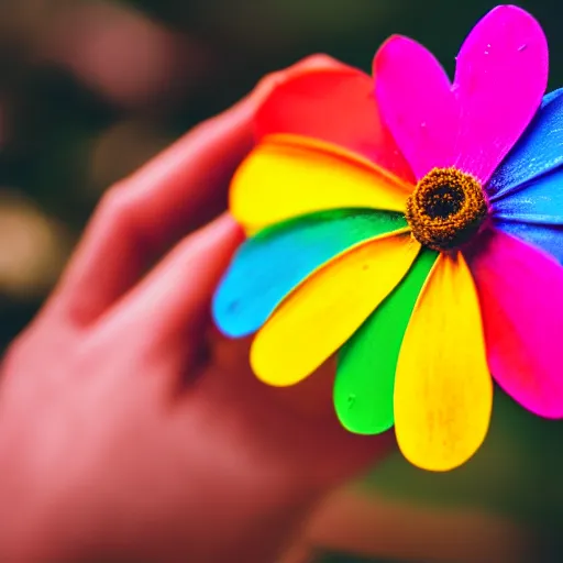 Image similar to closeup photo of rainbow - colored flower with 7 petals, held by hand, shallow depth of field, cinematic, 8 0 mm, f 1. 8