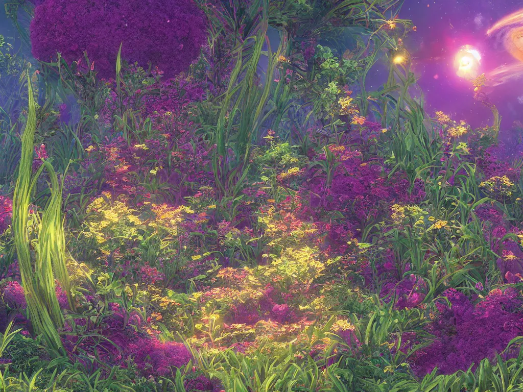 Image similar to sunlight study, the universe is a spheroid region 7 0 5 meters in diameter of kauai wildflower undergrowth, art nouveau, by hans zatzka and ( ( ( ( ( lisa frank ) ) ) ) ), 8 k, sharp focus, octane render