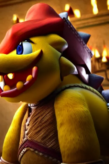 Image similar to very very intricate photorealistic photo of a realistic version of bowser jr in an episode of game of thrones, photo is in focus with detailed atmospheric lighting, award - winning details