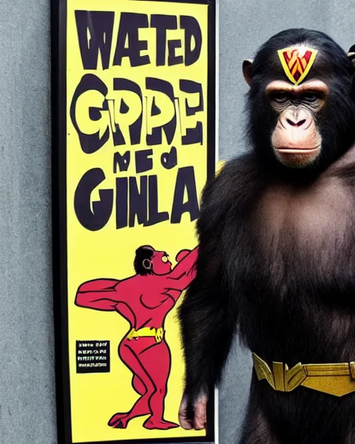 Prompt: a Chimpanzee dressed as Wonder Woman stands in front of a wanted poster for Super villain Gorilla Grodd, photographed in the style of Annie Leibovitz, photorealistic