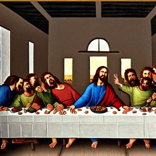 Image similar to jesus having a food fight and screaming in the last supper