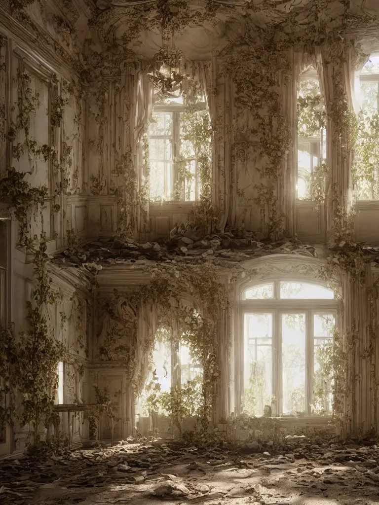 Prompt: an abandoned rococo salon, with flowers and plants, drapery, Dramatic, 8K, Lonely, Natural Lighting, god rays, super detailed, intricate, Octane render