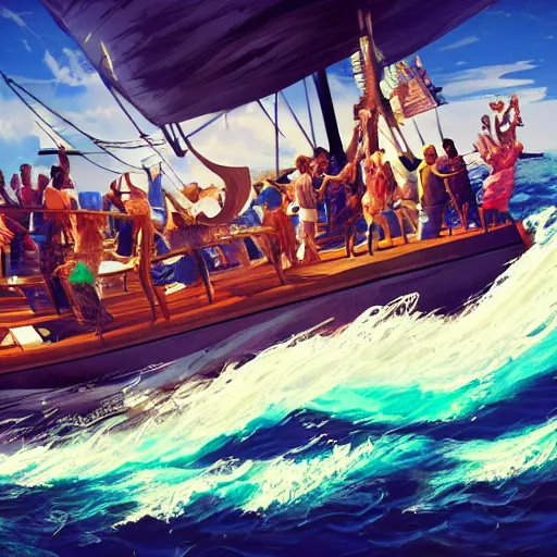 Prompt: a boat filled with party people drinking and having fun while dancing to music, hip hop, digital painting, unreal engine, octane render, 4 k wallpaper, blue crashing waves, intricate brush stroke detail, beautiful, gorgeous, by tite kubo, kentaro miura, no more heroes concept art