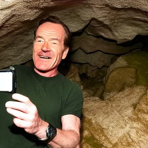 Prompt: bryan cranston excited, taking a selfie inside of an ancient cave covered in moss