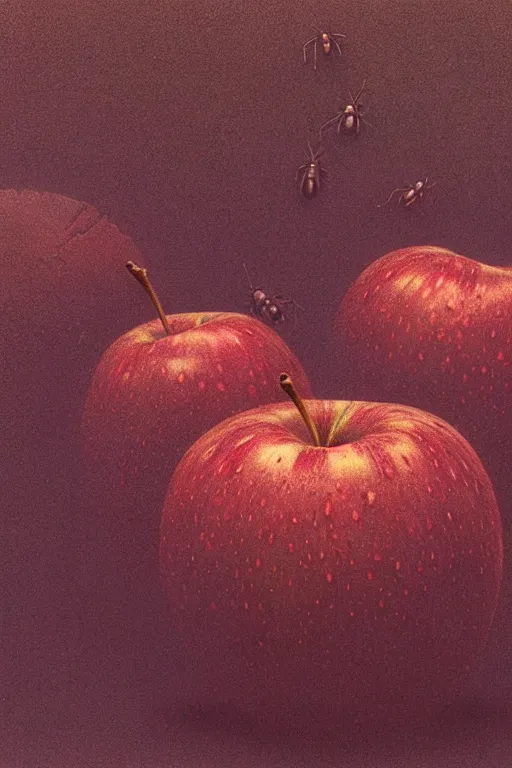 Image similar to horde of bugs eating the inside of an apple, close up of an apple, by zdzislaw beksinski, by dariusz zawadzki, by wayne barlowe, gothic, surrealism, cosmic horror, lovecraftian, cold hue's, warm tone gradient background, concept art, beautiful composition