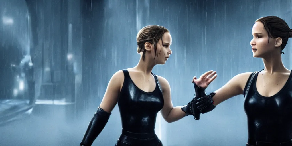 Image similar to Jennifer Lawrence fighting Natalie Portman in matrix, cinematic lighting, trending on artstation, 4k, hyperrealistic, focused, high details, unreal engine 5, cinematic