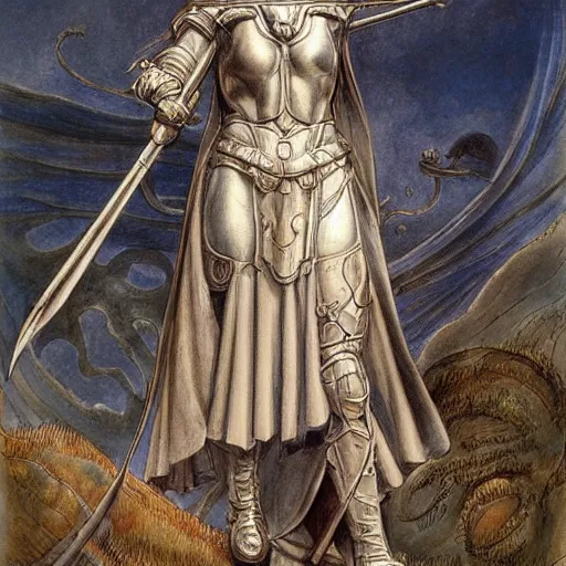 Prompt: jeanne d'arc in the style of william blake, terese nielsen, detailed, intricate, beautiful faces, steve argyle, triumphant fate, pastoral fantastic reality