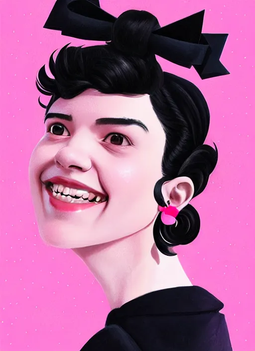 Image similar to portrait of high school girl, realistic, black hair, bangs, half updo hairstyle, pointy nose, skinny, smile, ugly, defined jawline, big chin, pink hair bow, earrings, intricate, elegant, glowing lights, highly detailed, digital painting, artstation, sharp focus, illustration, art by wlop, mars ravelo and greg rutkowski