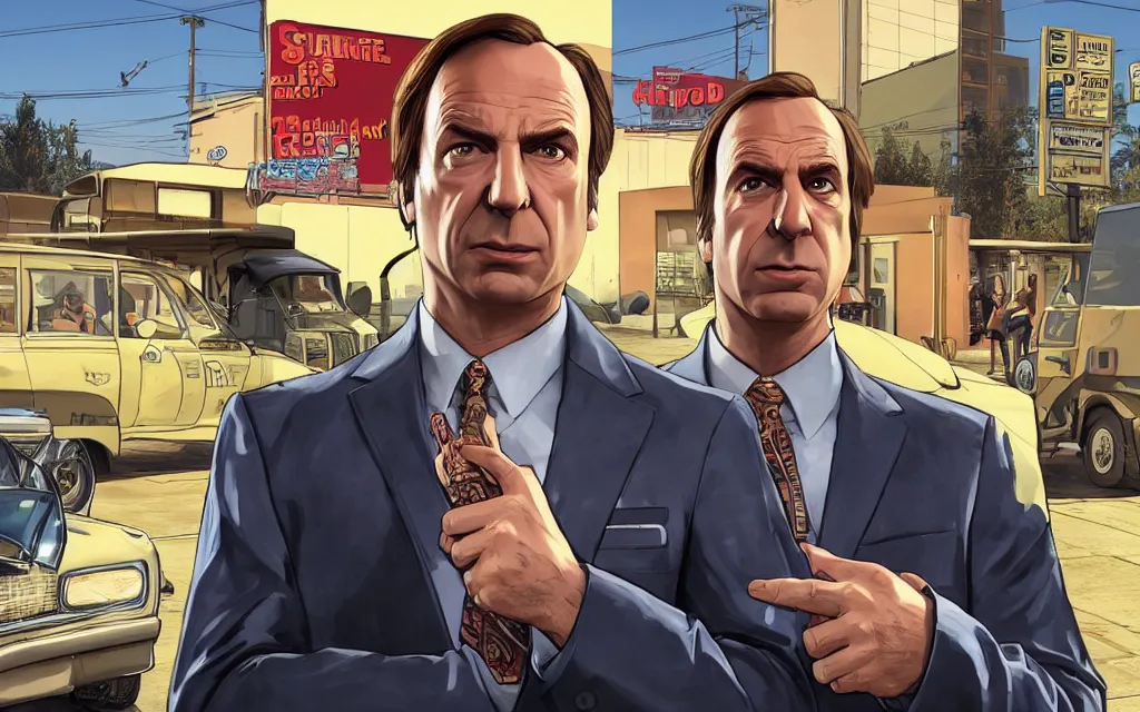 Image similar to Saul Goodman in GTA V, Cover art by Stephen Bliss, boxart, loading screen,