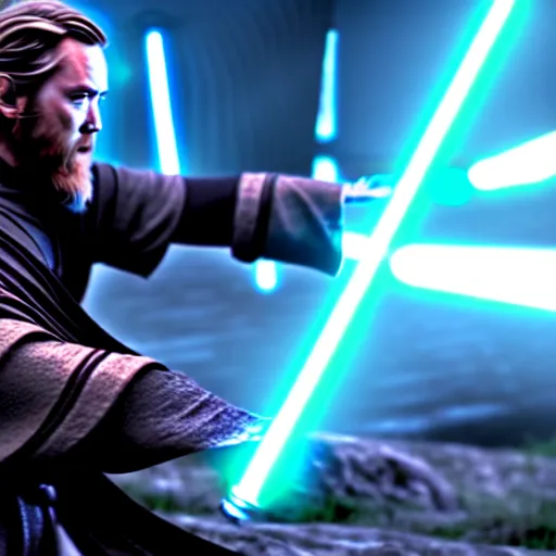 Image similar to ultra detailed picture of a fight where obi wan kenobi is against darth vador, unreal engine, extremely detailed, epic, dark, highly realistic, spiritual masterpiece, beautiful, ultra hd