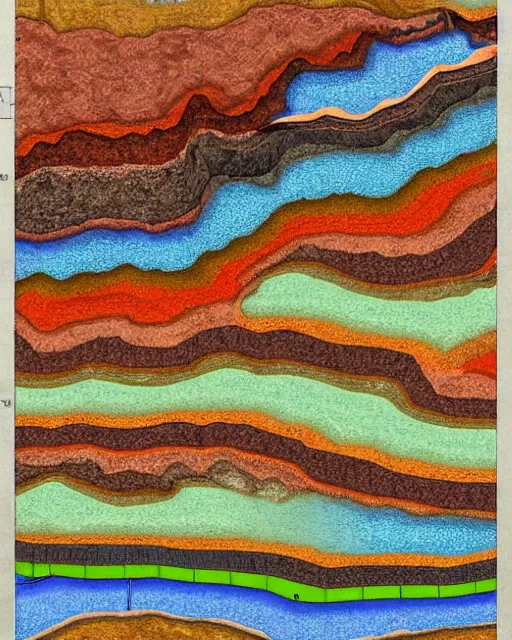 Prompt: a geological chart with layers of colourful strata fused with a temple