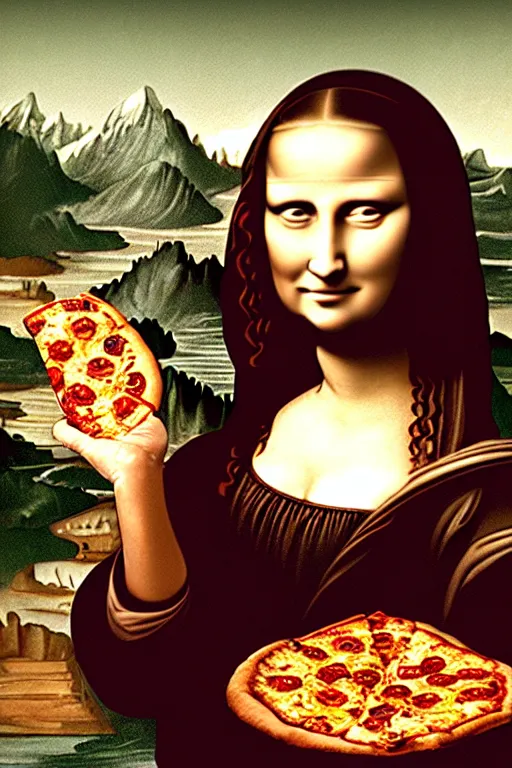 Prompt: portrait of a woman holding a slice of pizza in her hands, the slice of pizza is held in mid air, near her face, in the artistic style of mona lisa