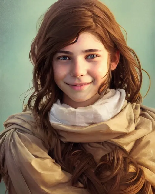 Prompt: symmetry!! portrait of smiling 1 5 - year - old girl with voluminous bushy brown hair, large front teeth, and bright piercing brown eyes, highly detailed, digital painting, artstation, concept art, smooth, sharp focus, illustration, art by artgerm and greg rutkowski and alphonse mucha