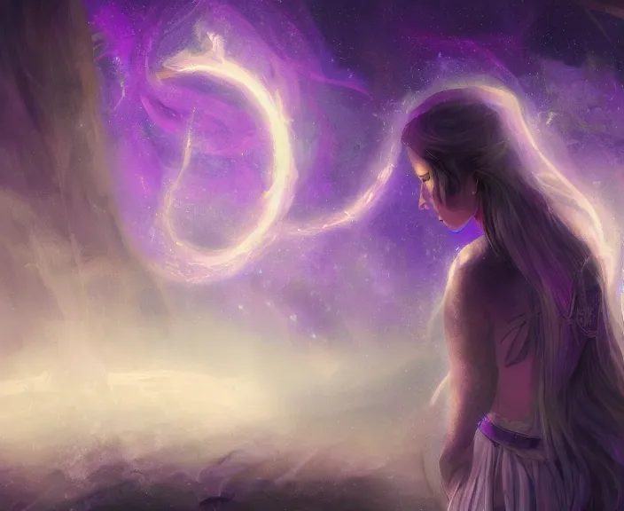 Prompt: an illustration of a mystical spiritual scene with a young woman in it, with starry dusted light, purple - tinted, wide - angle, high contrast, highly detailed, sharp focus, digital painting, illustration, trending on artstation,