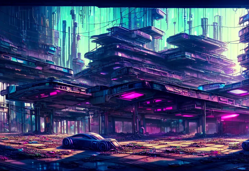 Image similar to A highly detailed crisp wide view of A beautiful futuristic cyberpunk abandoned dystopia city building with futuristic bright lights, plants allover , godray, sunlight breaking through clouds, clouds, debris on the ground, abandoned machines bright happy colors, chaotic , nitid horizon, factory by wangchen-cg, 王琛,Neil blevins, artstation, Gediminas Pranckevicius