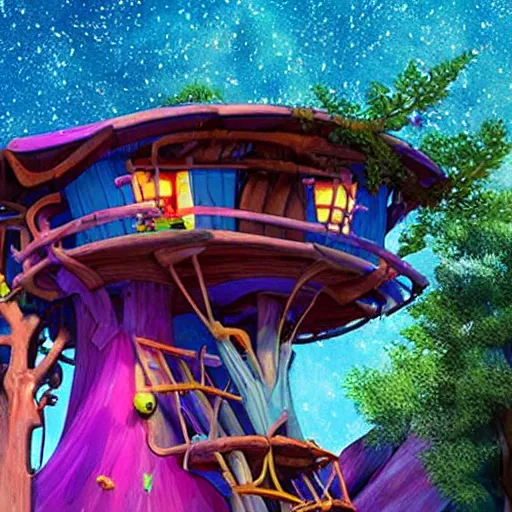 Image similar to Treehouse from the Pixar movie Up, solar, bright sky, vivid colors, beautiful