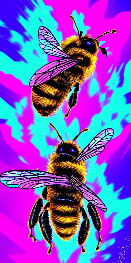 Prompt: hyper detailed ultra sharp of a beautiful bee. trending on artstation, vaporwave aesthetic, synthwave, colorful, psychedelic, digital painting, concept art, smooth, sharp focus, illustration, 8 k