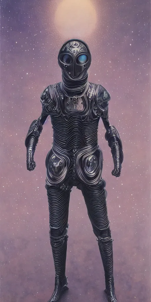 Image similar to full body portrait of beautiful gothic and futuristic fashion model, elegant space armour, cyber armour, highly detailed, artstation, illustration, composition, 8 k quality, art by jean delville, rene magritte, hyperrealism oil painting