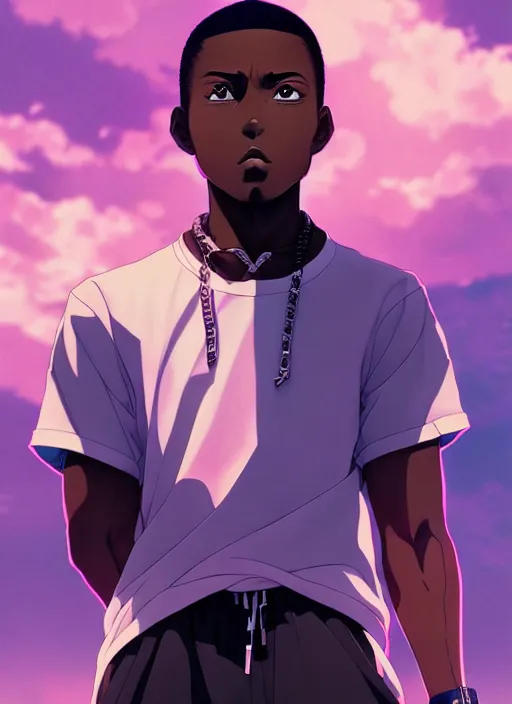 Image similar to confident hip hop young black man, looking down at the camera, anime style, scenery wallpaper aesthetic, pastel colors, symmetrical face, cinematic, dramatic, super detailed and intricate, hyper realistic, 4 k render, by artgerm, by kyoung hwan kim, by ralph mcquarrie, by yoshiyuki tomino