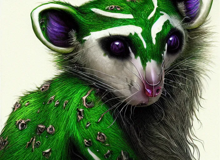 Prompt: face portrait of a anthro green zombie opossum fursona with long dark hair. Ruined stormy city. Glorious sun beams, intricate, elegant, highly detailed, digital painting, short focus, illustration, Allan Lee, John Howe