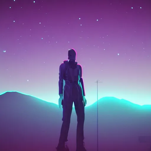 Image similar to realistic man standing in high desert, cyberpunk, digital art, trending on artstation, neon, desert, stars, vaporwave, retrowave, synthpop, 1 9 8 0 s, colorful, glowing, purple