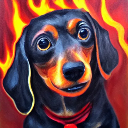 Image similar to fire elemental dachshund, oil painting