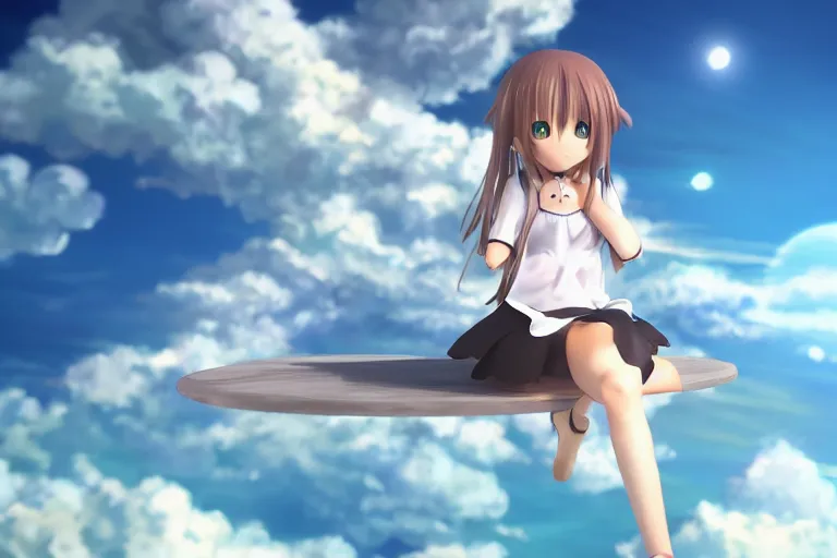 Image similar to a cute anime girl sitting on a cloud, blender render, anime,
