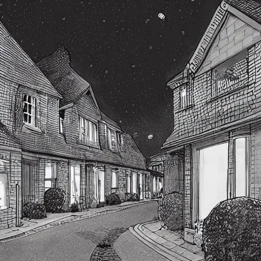 Image similar to suburban street in the uk, at night, by kim jung gi