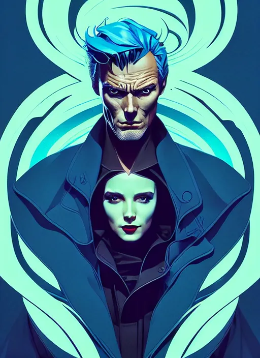 Image similar to style artgerm, joshua middleton, clint eastwood with green overcoat, blue hair, swirling water cosmos, symmetrical face, symmetrical eyes, cyberpunk, cinematic lighting