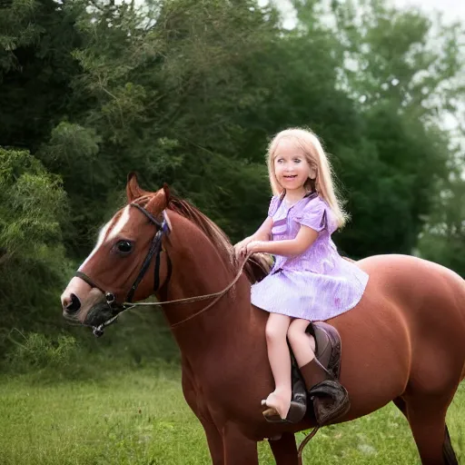 Prompt: 7 year old girl on the horse, blonde hair, polish