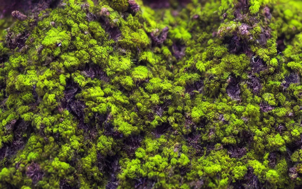 Prompt: a beautiful macro photography of green moss lichens floral with alien fungus, hyper detailed, Zoom extreme close up ,warm volumetric lights , made by Gerald Brom and Mike Winkelmann, trending on art station