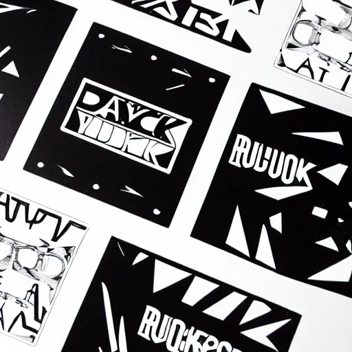 Image similar to black on white graphic design stickers in style of david rudnick, eric hu, acid, y 2 k