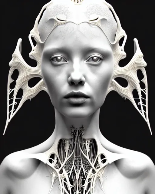 Image similar to bw 3 d render, stunning beautiful very young angelic cute biomechanical albino female cyborg with a porcelain profile face, rim light, big leaves and stems, roots, fine foliage lace, alexander mcqueen, art nouveau fashion embroidered collar, steampunk, silver filigree details, hexagonal mesh wire, mandelbrot fractal, elegant, artstation trending